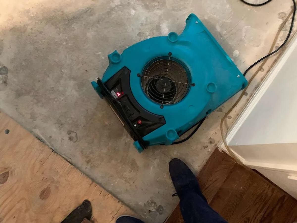 Air mover drying subfloor during Leak Detection & Repair in La Crescenta-Montrose
